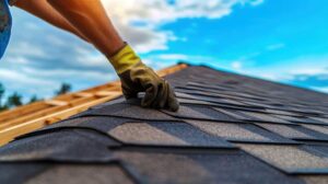 A homeowner carefully removing leaves from a shingle roof with trees shedding foliage nearby.