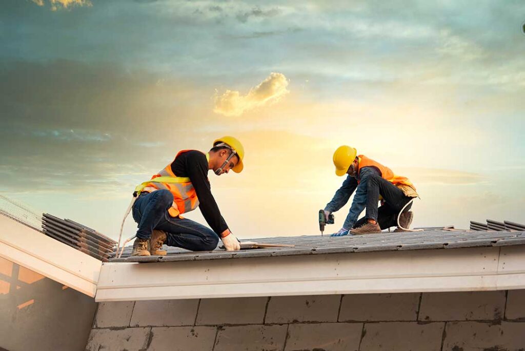 Homeowner reviews a detailed roofing estimate beside a ladder and roof inspection photographs